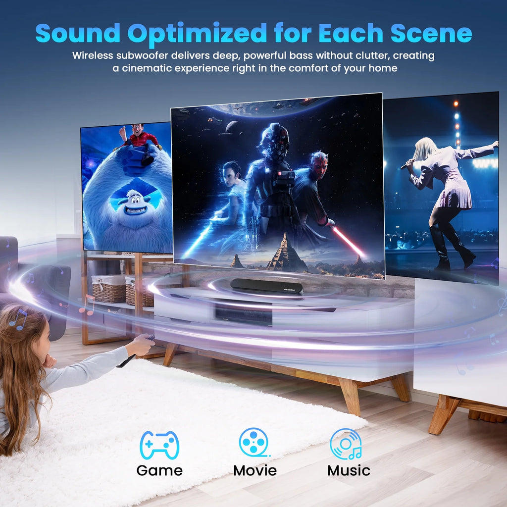 Small Sound Bar for TV, 2.1Ch 60+W Compact Soundbar with Built-In Subwoofer, Bluetooth 5.4, 5 EQ Modes, HDMI Arc/Optical/Aux/Usb, 16.5 Inch