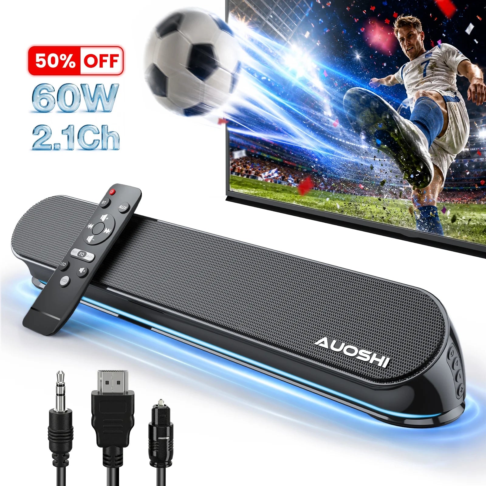 Small Sound Bar for TV, 2.1Ch 60+W Compact Soundbar with Built-In Subwoofer, Bluetooth 5.4, 5 EQ Modes, HDMI Arc/Optical/Aux/Usb, 16.5 Inch