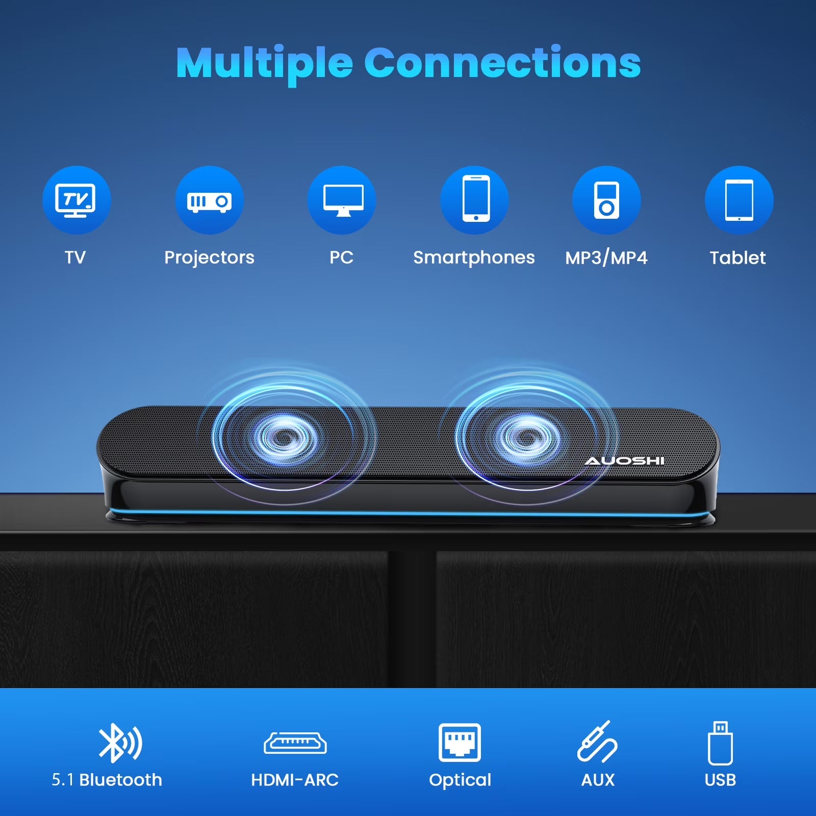 Small Sound Bar for TV, 2.1Ch 60+W Compact Soundbar with Built-In Subwoofer, Bluetooth 5.4, 5 EQ Modes, HDMI Arc/Optical/Aux/Usb, 16.5 Inch
